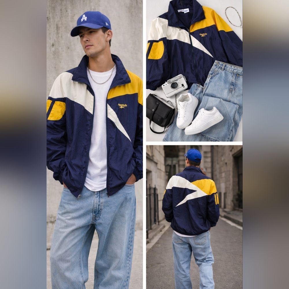 Vintage 90s Reebok Vector Windbreaker Jacket XL Navy Yellow Colorblock Retro